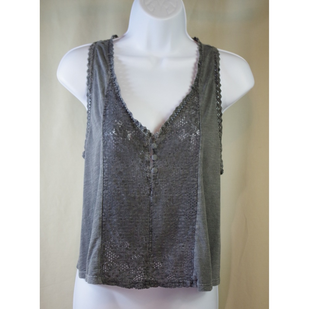 Billabong‎ Woman's Small Gray Lace Trim Racerback Tank Top Boho Button Front
